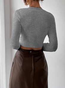 SHEIN ChicEase Solid Crop Sweater,Long Sleeve Tops Knit Pullover Fall Winter Sweater - Grey - View 2