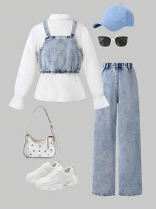 Sparklyn 3pcs/Set Teenage Girls Casual Long Sleeve Shirt With Attached Tank Top & Loose Washed Blue Denim Pants, Spring & Autumn