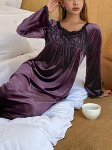 DAZY Velvet & Lace Patchwork Nightgown, Winter Pajama - Purple - View 5