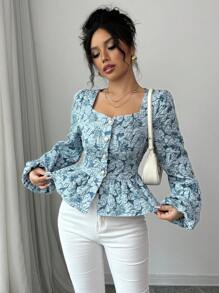 Selianne Women Elegant Jacquard Sweetheart Neck Lantern Sleeve Peplum Top, Spring/Autumn Peplum Top Fall Cloth For Women