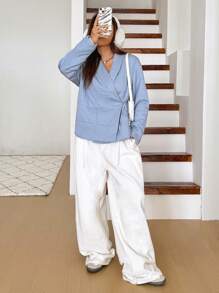 SHEIN EZwear 1pc Women Denim Effect Winter Shawl Collar Long Sleeve Jacket