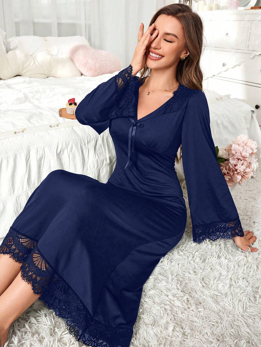 Abito da notte casual da donna con dettagli in pizzo a contrasto e fiocco, maniche a sbuffo, comodo ed elegante, adatto per l'autunno e l'inverno - Blu Navy - Visualizzare 1