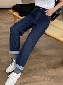 DAZY 1pc Women Solid Color Vintage Wash Straight Leg Skinny Jeans - Blue - View 7