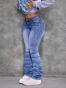 SHEIN PETITE 1 quần Jeans Jeans Co Giãn Skinny Túi Nữ, Quần Jeans Nữ Xếp Ly, Quần Bó Nữ, Quần Tất Nữ, Trang Phục Dạo Phố Nữ - Rửa tối - Xem 4