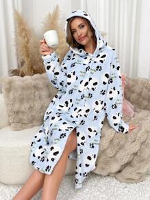 Panda Print Fleece Women Hooded Robe With Front Button, Long Sleeve - Blue - View 1