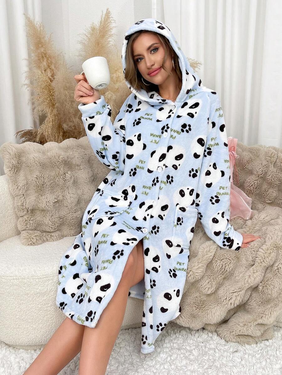 Panda Print Fleece Women Hooded Robe With Front Button, Long Sleeve - Blue - View 1