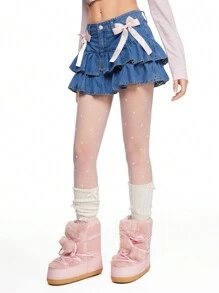 ROMWE Kawaii 女式可爱蝴蝶结装饰牛仔 A 字裙 - 淺色水洗藍 - 查看 6