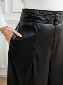 SHEIN Clasi Plus Size Fashionable Elegant Slant Pockets Loose Wide Leg Pants - Black - View 3