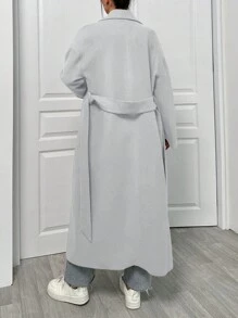 EURMUSE Áo khoác len cổ ve kép cài khuy túi chéo thắt lưng buộc eo - Màu Xám nhạt - Xem 2