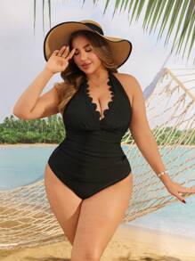 Swim Lushoire Plus Size Summer Beach Solid Color Halter Shell Trim Open Back Tie Crop Top And Triangle Tankini Swimwear Set - Black - View 3