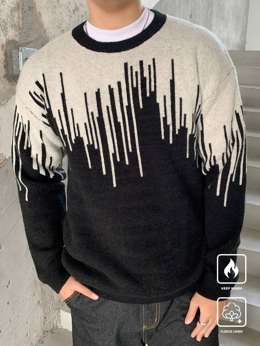 Manfinity Homme Suéter casual de hombre, de ajuste holgado, con bloqueo de color, hombros caídos y forro térmico - Blanco y Negro - Ver 1