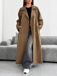 SHEIN EZwear Autumn/Winter New Brown Lapel Double-Breasted Long Women's Trench Coat