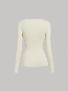 SHEIN MOD Sweater Rajut Wanita Kasual Vintage Warna Aprikot, Gaya Retro, Sederhana & Modis untuk Musim Gugur/Dingin - Aprikot - View 2
