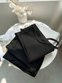 Franclia New Style High Waist Cinched Waist Casual Straight Leg Wide Leg Pants, Thermal Lined Thick Knit Trousers For Women - Black - View 6