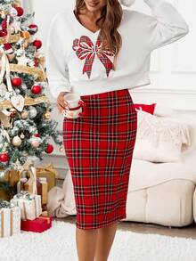 SHEIN LUNE Women's Casual Christmas Plaid Bow Detail Sweatshirt Dress 2 Pieces Set, Autumn/Winter - Red - View 4