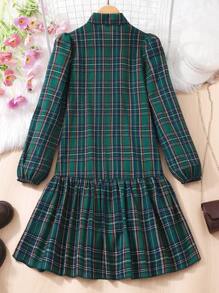 少女休闲格子印花灯笼袖不对称下摆领衬衫裙，春秋款 - 綠色 - 查看 2