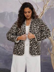 SHEIN VCAY 大码豹纹口袋长袖休闲夹棉外套，适合度假、秋冬季穿着 - 彩色 - 查看 1