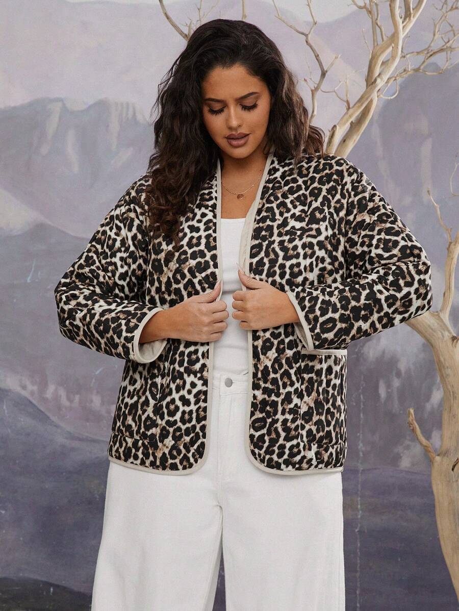 SHEIN VCAY 大码豹纹口袋长袖休闲夹棉外套，适合度假、秋冬季穿着 - 彩色 - 查看 1