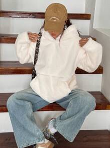 SHEIN EZwear Plush Hoodie With Pockets, Women Regular Fit Winter Long Sleeve Jacket - Beige - View 1