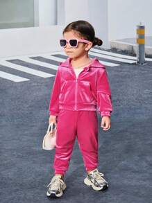 時尚可愛的寶寶女孩絨面連帽夾克配彈性腰帶長褲套裝 - 粉色 - 查看 3