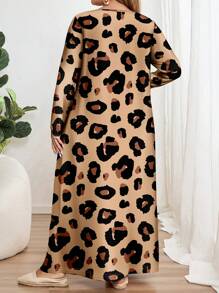 EMERY ROSE Plus Size Leopard Print Long Sleeve Round Neck Dress, Suitable For Autumn/Winter
