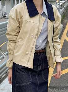 DAZY Women's Casual Zip-Up Contrast Color Collar Jacket For Autumn,Fall Women Clothes - Khaki - View 2