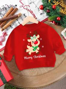 SHEIN Áo nỉ dày ấm cổ tròn rộng rãi mềm mại cho bé gái mùa Giáng sinh/mùa đông dễ thương hoạt hình lễ hội tuần lộc in màu đỏ dệt kim, thích hợp cho mùa thu/đông - Màu Đỏ Sâu - Xem 2