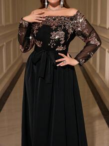 Gownix Elegantes Kleid in großen Größen mit Pailletten und Mesh-Einsätzen an der Schulter, für den Herbst