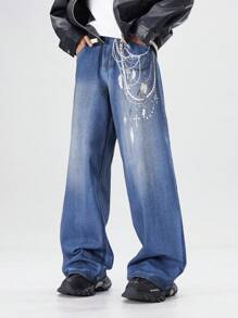 ROMWE MEN Street Life Men's Graphic Print Pocket Casual Baggy Jeans