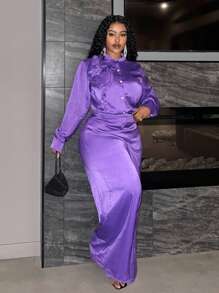Slaydiva مجموعة قميص نسائي وبنطلون واسع أنيق للحفلات والمناسبات والسهرات، قميص بأكمام طويلة لون بنفسجي غامق مع زخرفة ثلاثية الأبعاد على شكل زهور، وبنطلون طويل، قماش ساتان، مقاسات كبيرة، طقم قطعتين مناسب للربيع والخريف - الأرجواني - مشاهدة 6