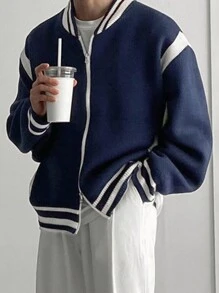 DAZY Men's Autumn Contrast Color Stripe Print Baseball Collar Zip-Up Long Sleeve Cardigan Jacket - Blue and White - View 4