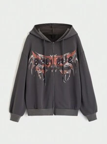 SHEIN Unity 女士休闲字母印花拉链抽绳连帽卫衣，适合秋季户外活动套头衫 - 灰色 - 查看 1