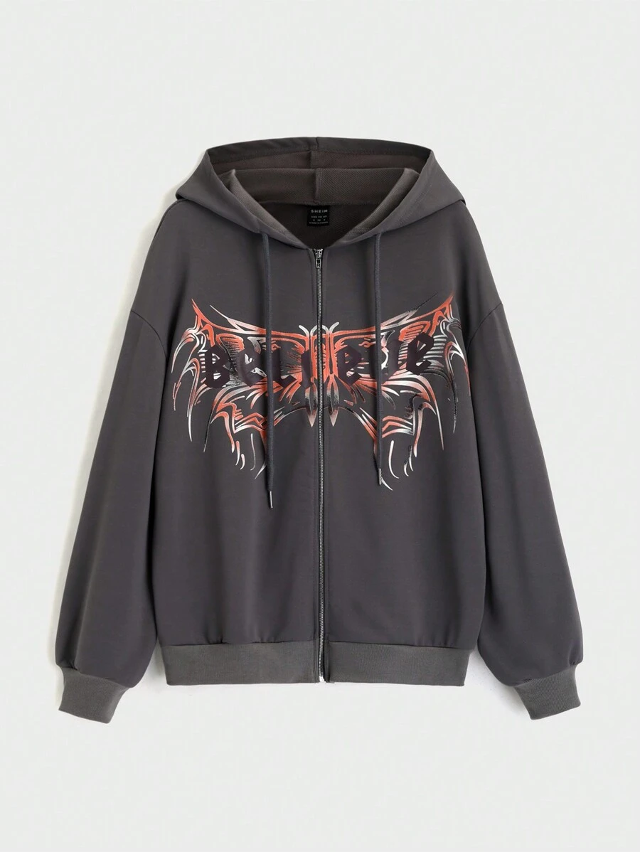 SHEIN Unity 女士休闲字母印花拉链抽绳连帽卫衣,适合秋季户外活动套头衫 - 灰色 - 查看 1