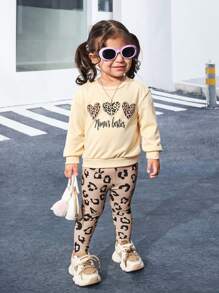 SHEIN Baby Girl Letter Graphic Sweatshirt & Leopard Print Leggings - Multicolor - View 3