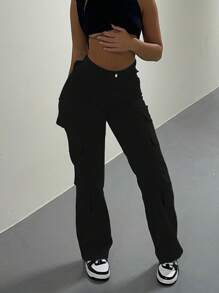 Pantalon cargo casual slim de couleur unie avec poches, polyvalent - Noir - Voir 5