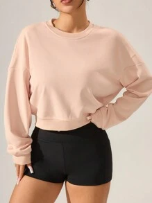 Women Solid Color Round Neck Long Sleeve Casual Sweatshirt - Apricot - View 4