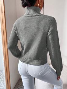 EURMUSE 1 pièce Pull ample col roulé unicolore à manches longues pour femme, automne/hiver - Gris - Voir 2