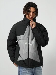 ROMWE MEN Street Life Chaqueta con cremallera de forro polar con estampado de estrella y letras para hombre en invierno