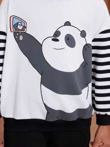 We Bare Bears X SHEIN 2pcs/Set Young Girl Cartoon Selfie Bear Print Striped Sleeve White Casual Round Neck Sweatshirt And Black Cute Casual Pants - Black and White - View 4