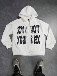 PAVTROS Manfinity Streetrush Men's Letter Print Long Sleeve Zip Up Front Hoodie, Autumn - White - View 1