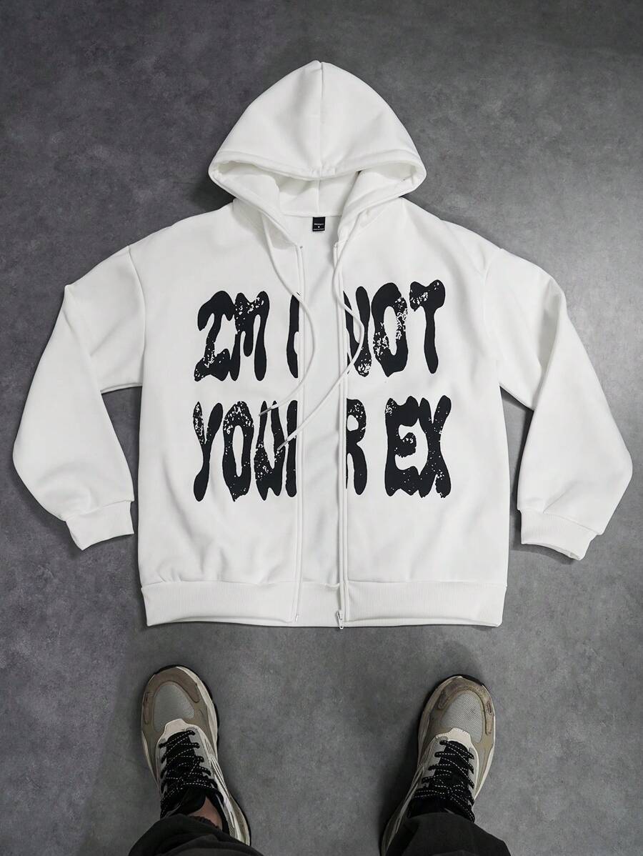 PAVTROS Manfinity Streetrush Men's Letter Print Long Sleeve Zip Up Front Hoodie, Autumn - White - View 1