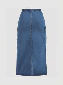 SHEIN MOD Plus Size Denim Skirt, Casual Cargo Style, Stretchy Blue Long - Medium Wash - View 2
