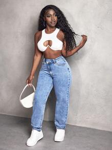 SHEIN Slayr Casual Water-Washed Asymmetric Waist Tapered Jeans