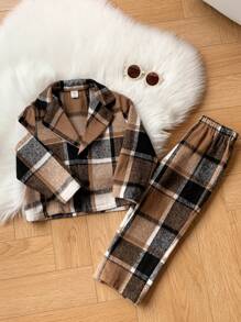 2pcs Young Boys Young Girls Casual Preppy Plaid Gentleman Suit With Bowknot Long Sleeve And Pants , Suitable For Birthday Parties, Evening Shows, Weddings, One Year Old's Birthday Party, Christmas Party And Other Festive Occasions Suitable For Outings, Street Wear, Parties, Home, Back To School, Birthday, Baby Shower, Holiday Parties, Autumn Winter