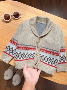 SHEIN Vintage Patterned Beige Loose Knit Cardigans For Baby Girls And Baby Boys,Cute Autumn Retro Style Soft Warm Matching Family Casual Indoor Outdoor - Brown - View 6