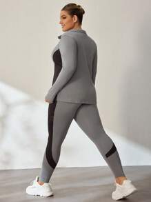 Easithlete Plus Size Color Block Zipper Cardigan I Legginsy Zestaw Sportowy Garnitur, Jesień