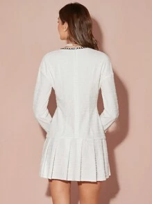 Enchnt Autumn/Winter Romantic Women's White Pearl Button Design Long Sleeve Pleated Hem Elegant Short Tweed Dress,Winter Women Dresses - White - View 8