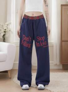 INAWLY Women Patchwork Plaid Slogan Print Elastic Waist Loose Wide Leg Casual Pants