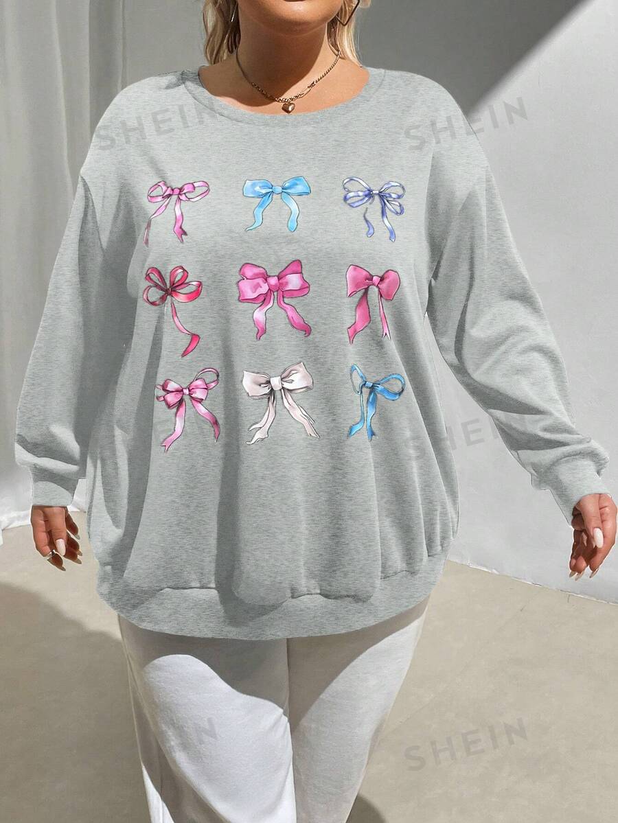 SHEIN CURVE+ Sudadera negra de cuello redondo de talla grande con estampado de lazo - Gris - Ver 1