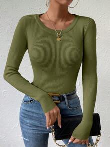 Chiquease 休闲简约纯色圆领修身毛衣，秋冬 - 軍綠色 - 查看 4